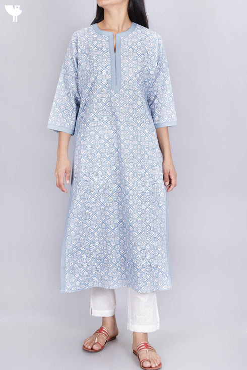 Cambric Cotton Kurta In Graphic Block Print